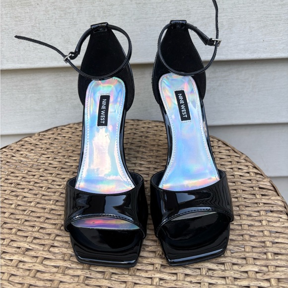 Nine West Black Women’s Patent Square Open Toe Dressy Wedge Sandal. Size 8.5 - Picture 1 of 8
